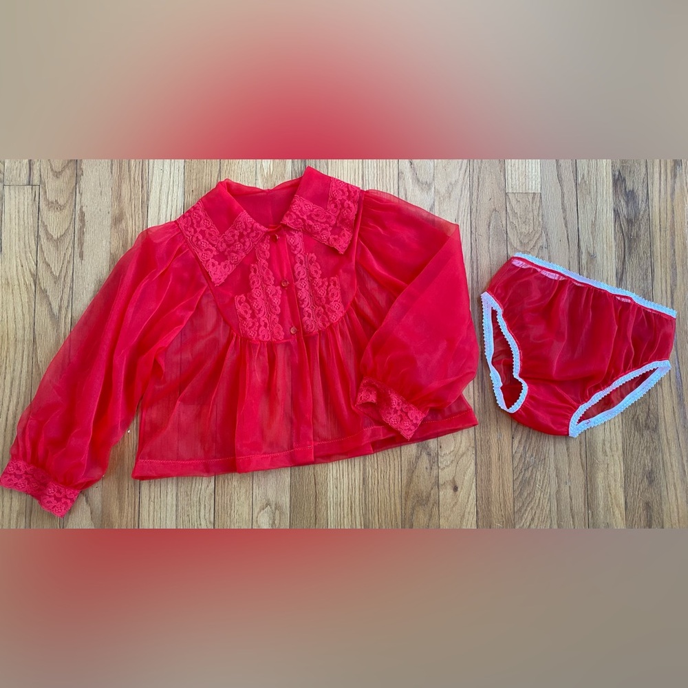 Vintage 60s Sheer Babydoll Honeymoon Set *Small* RED Nightie and Bikini Panties